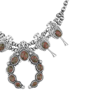 Sterling Silver Unakite Leaf and Vine Squash Blossom Necklace, 18 to 21 Inches