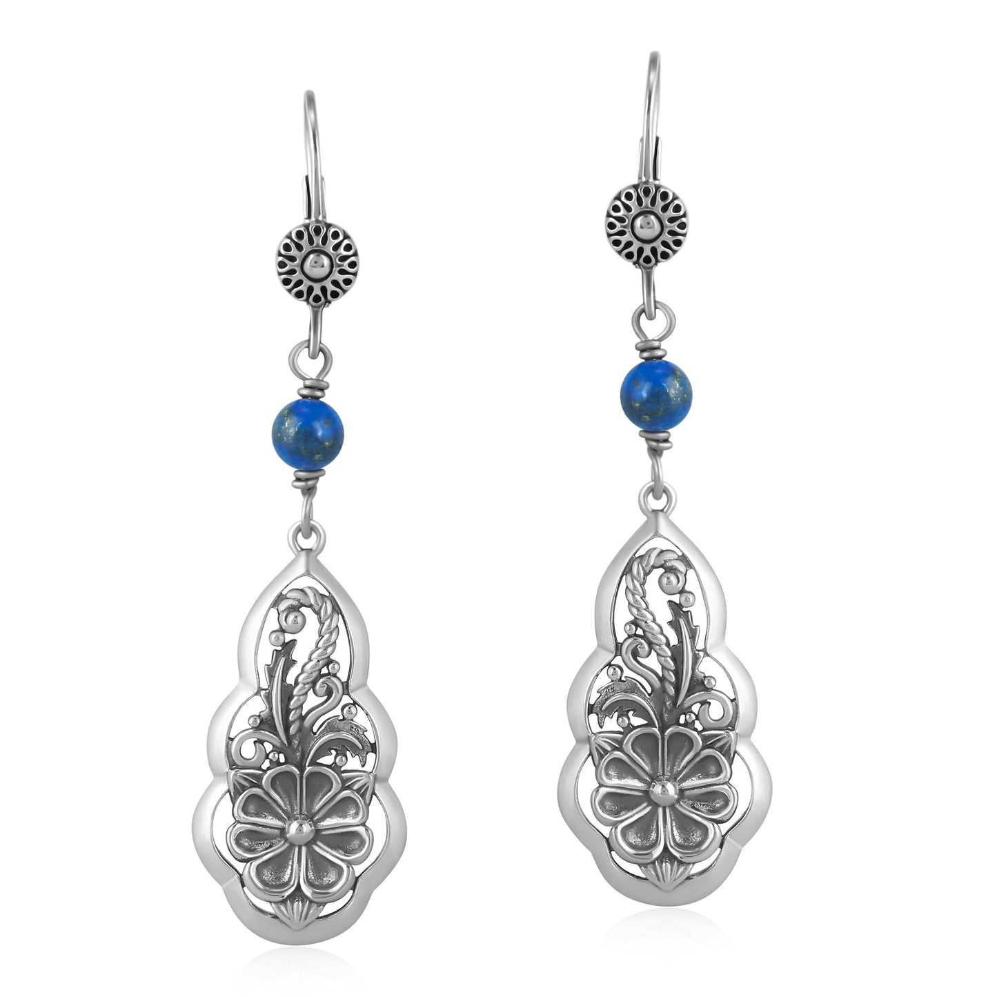 Sterling Silver Lapis Flower Gemstone Bead Lever Back Earrings