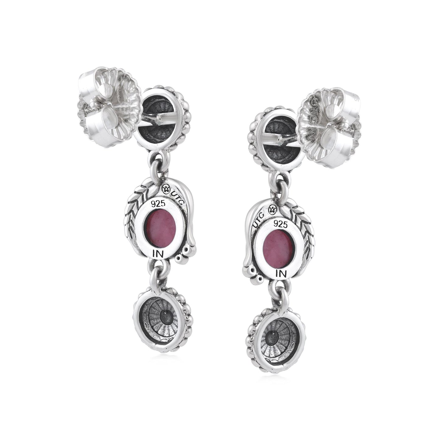 Sterling Silver Rhodonite Leaf and Flower Dangle Earrings