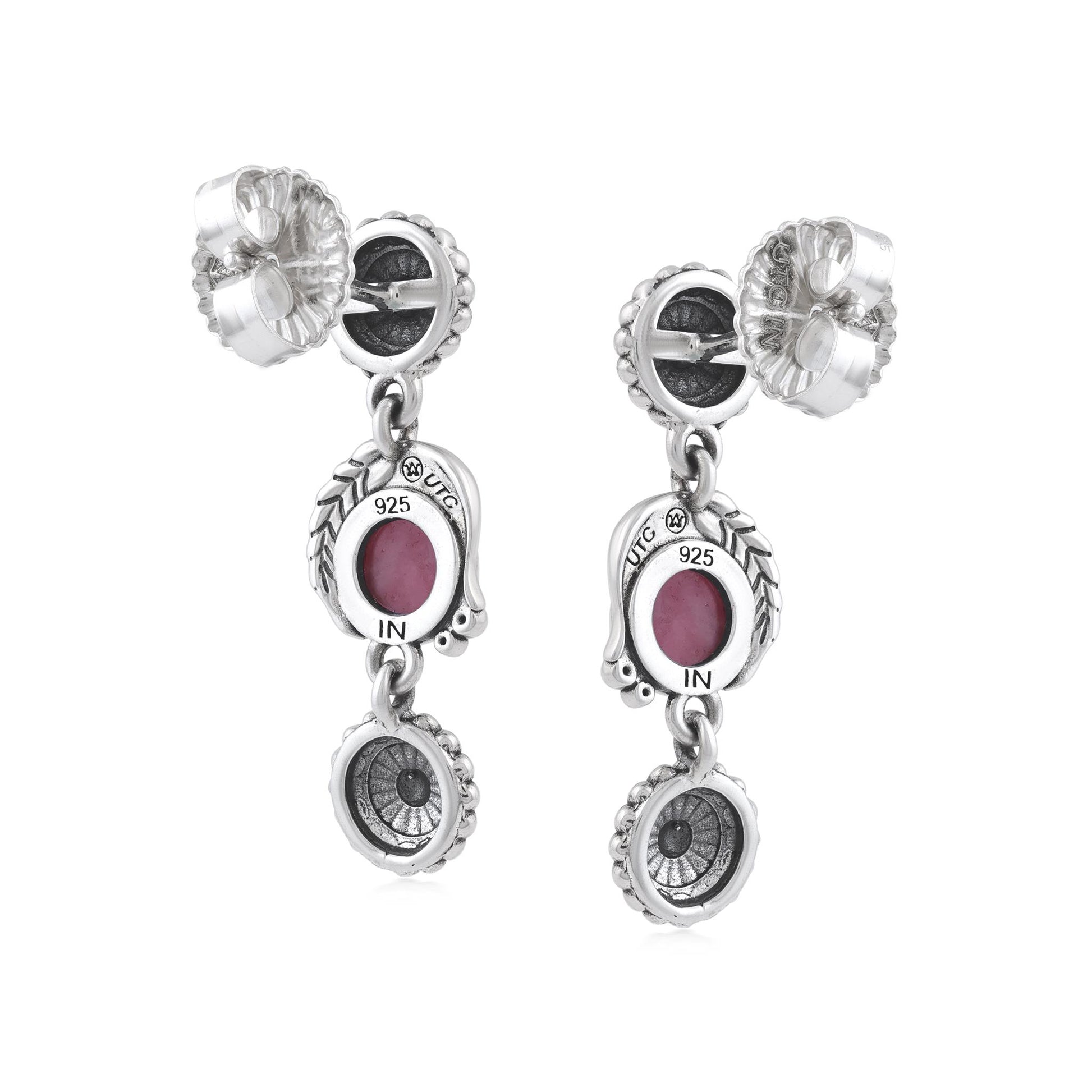 Sterling Silver Rhodonite Leaf and Flower Dangle Earrings