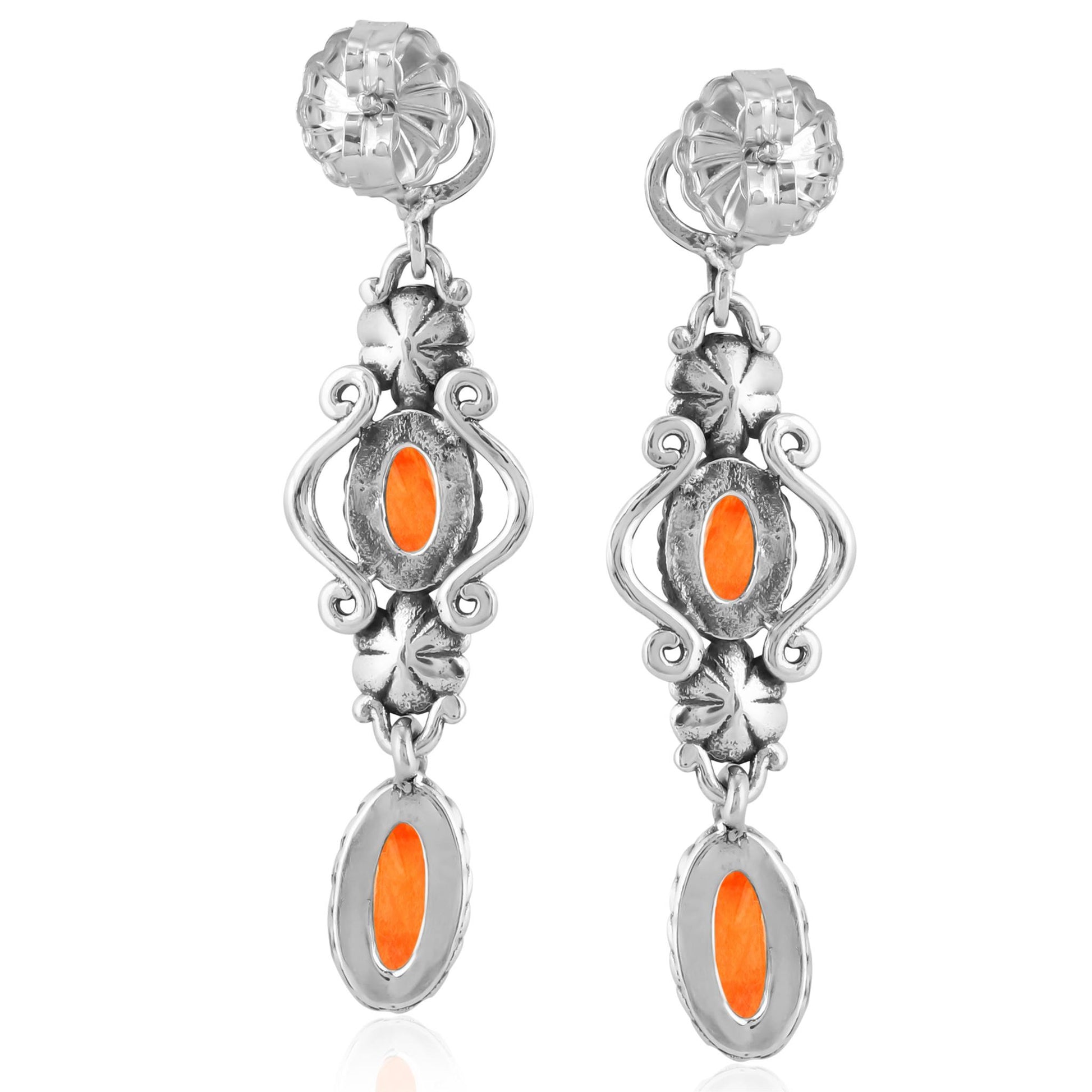 Sterling Silver Orange Spiny Oyster Gemstone Floral Dangle Earrings