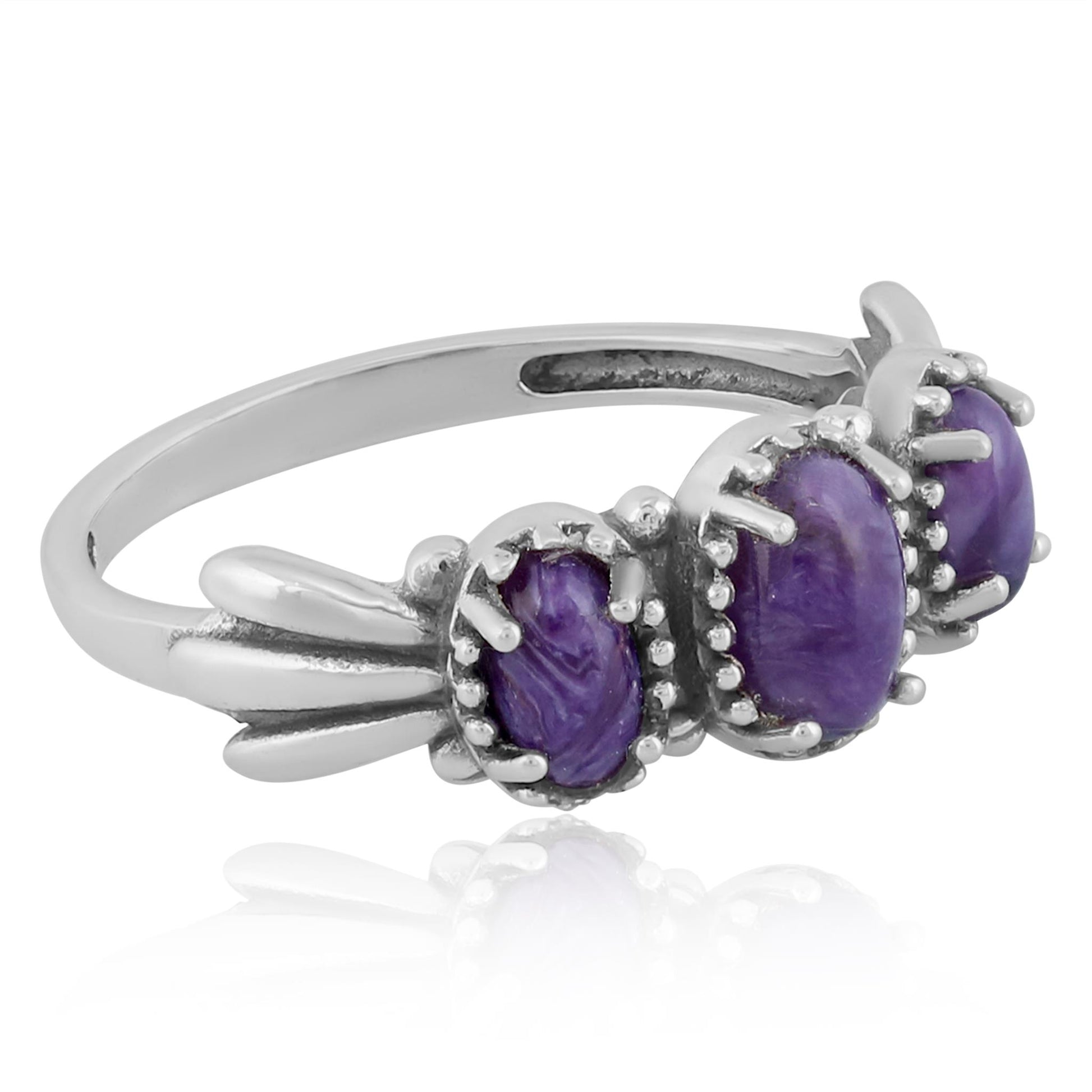 Sterling Silver Charoite 3-Stone Fan Ring
