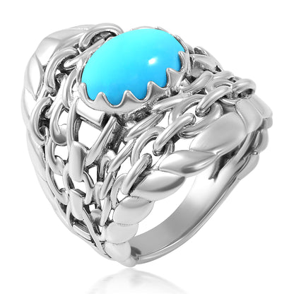 Sterling Silver Sleeping Beauty Turquoise Stirrup Chain Ring, Sizes 5 to 11