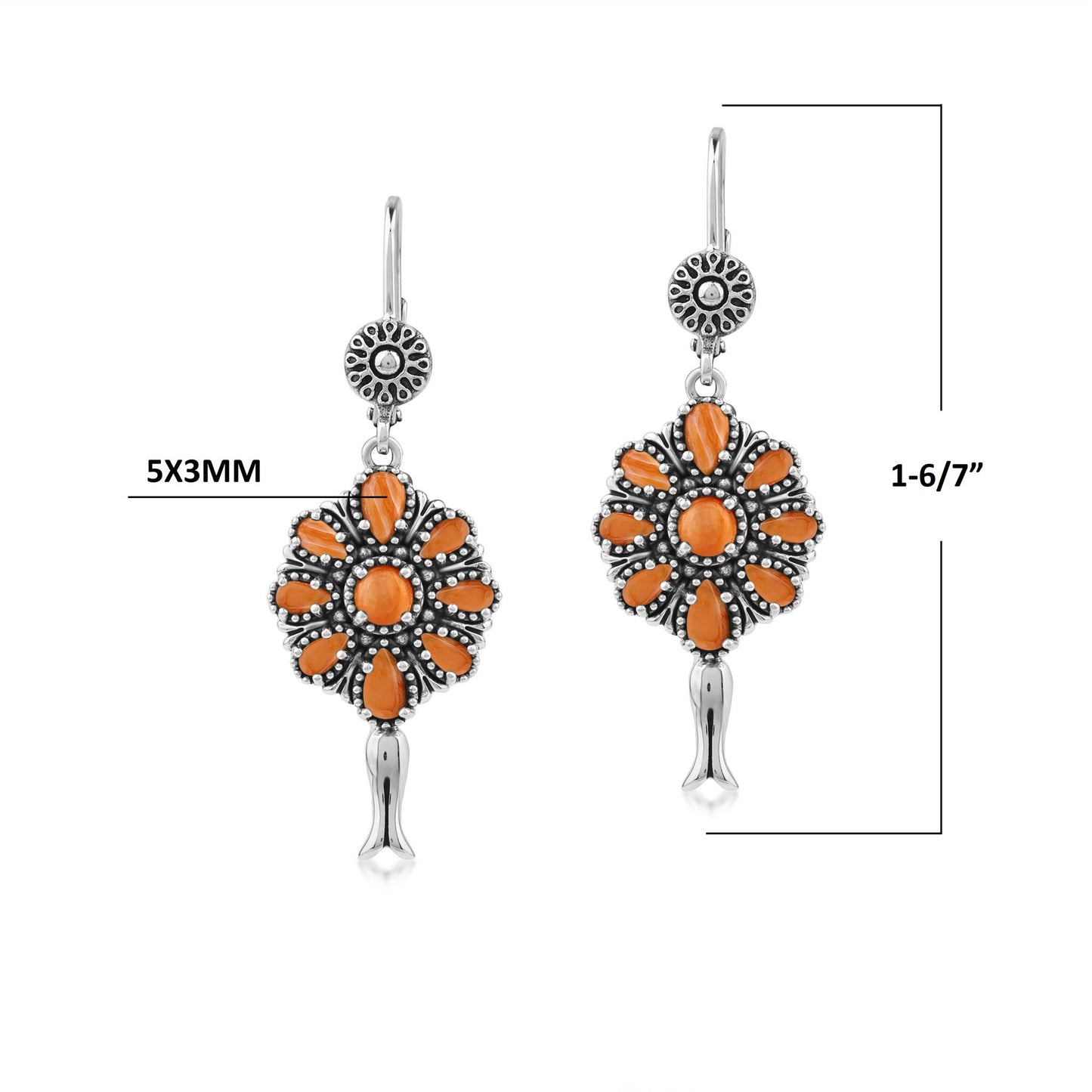  Sterling Silver Orange Spiny Oyster Flower Cluster Squash Blossom Earrings