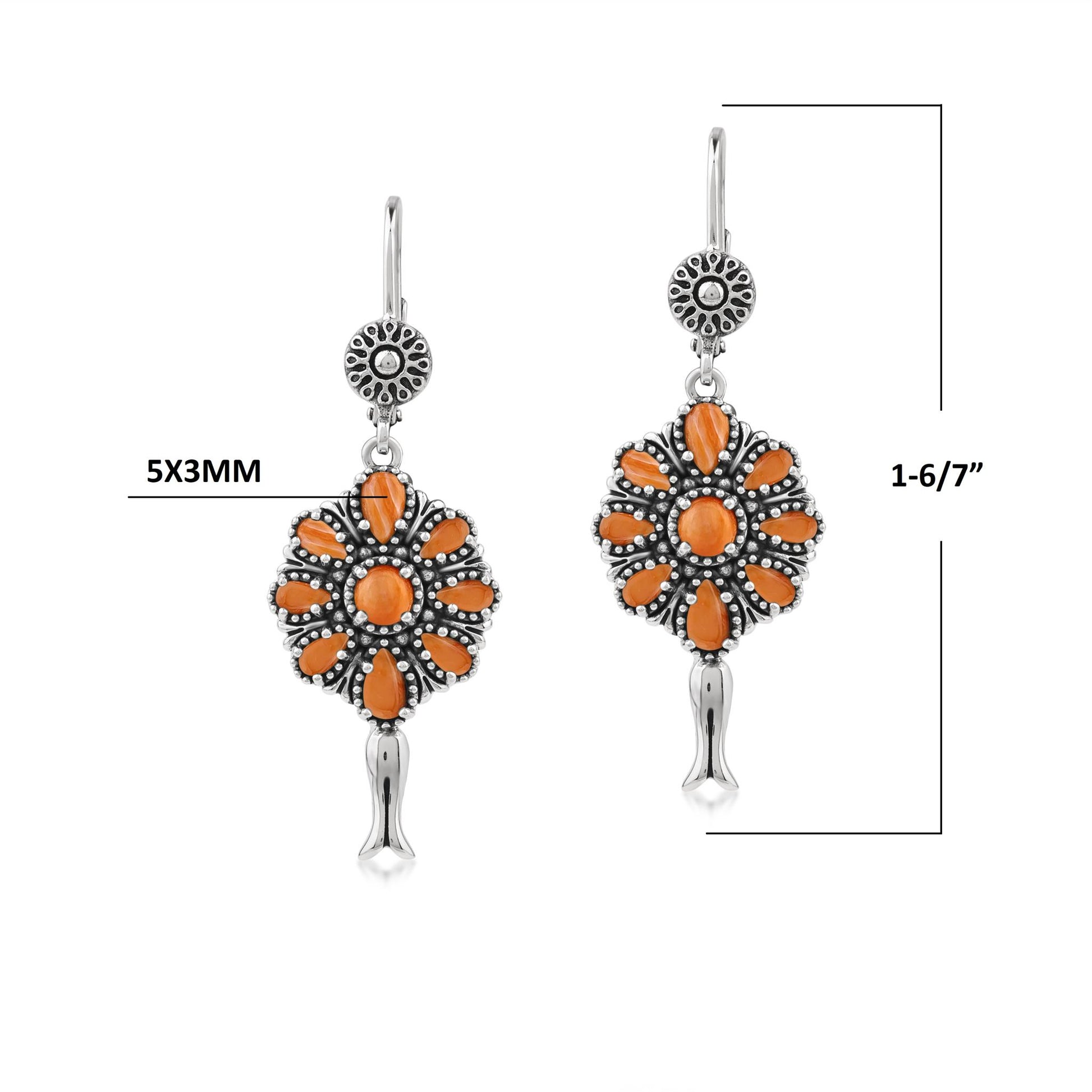 Sterling Silver Orange Spiny Oyster Flower Cluster Squash Blossom Earrings