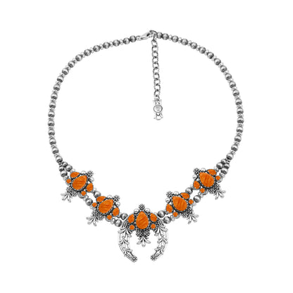 LIMITED EDITION! Sterling Silver Orange Spiny Oyster Pear Cut Squash Blossom Naja Necklace, 17 to 20 Inches