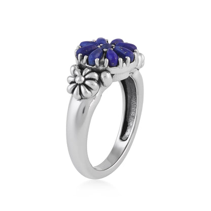 Sterling Silver Lapis Concha Flower Ring