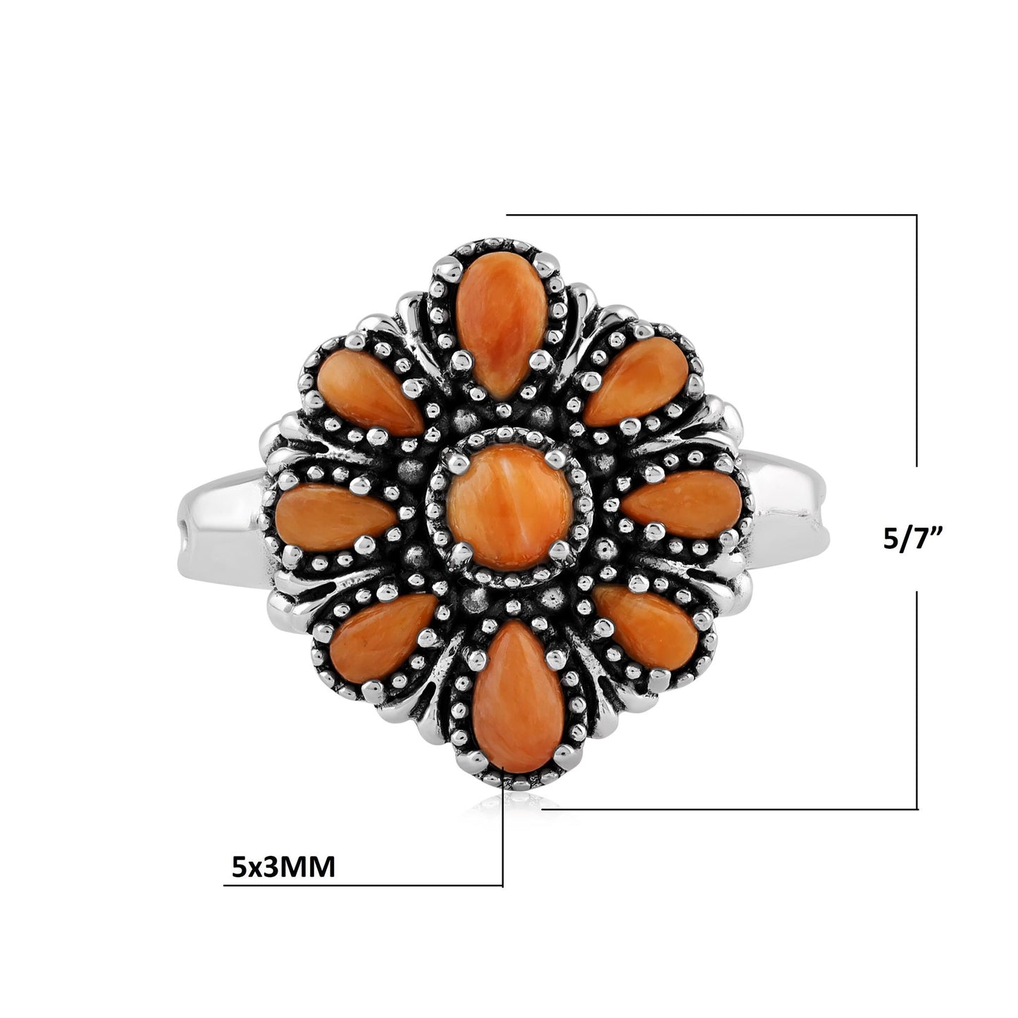  Sterling Silver Orange Spiny Oyster Flower Cluster Ring