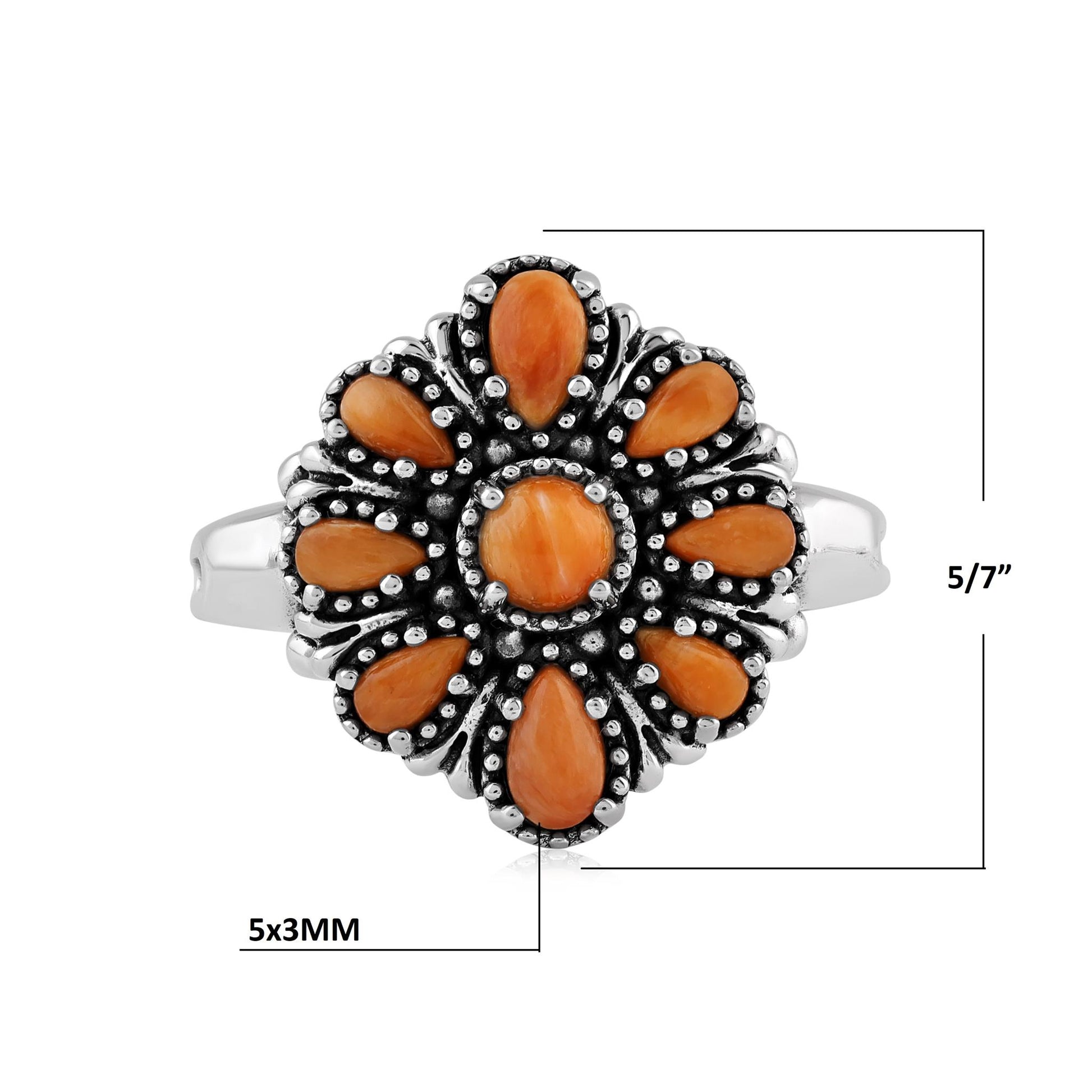  Sterling Silver Orange Spiny Oyster Flower Cluster Ring