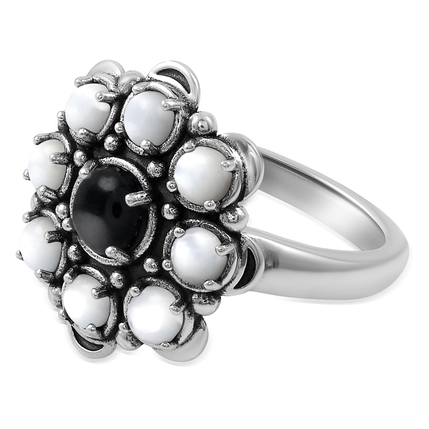 Sterling Silver Black Onyx and White Mother of Pearl Round Cut Flower Cluster Ring