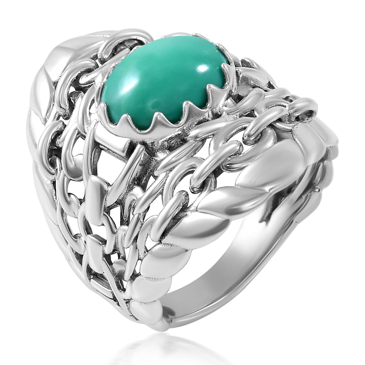 Sterling Silver Green Turquoise Stirrup Chain Ring, Sizes 5 to 11