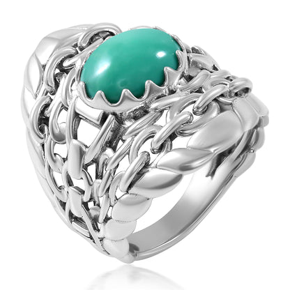 Sterling Silver Green Turquoise Stirrup Chain Ring, Sizes 5 to 11
