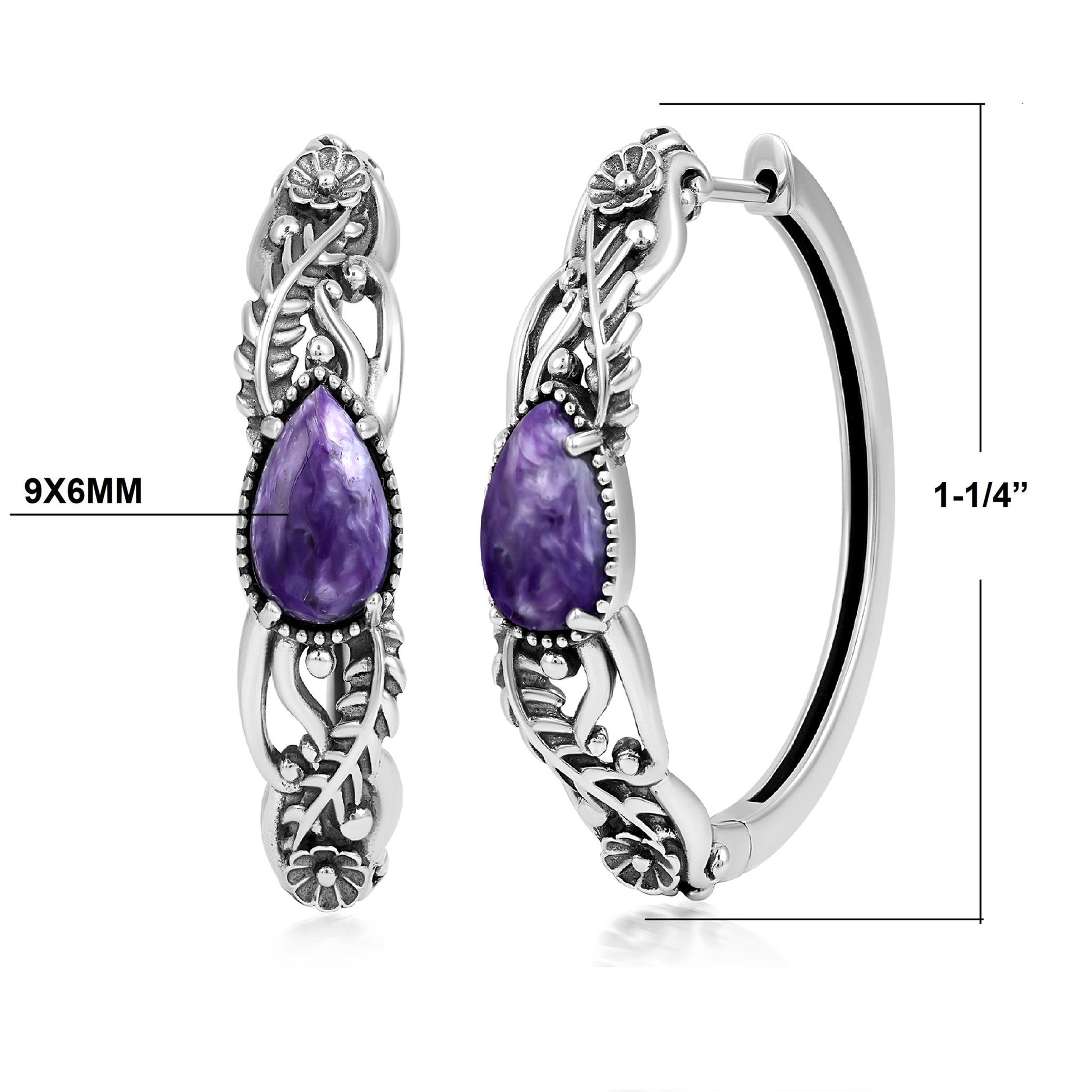 Sterling Silver Charoite Vine and Leaf Hoop Earrings