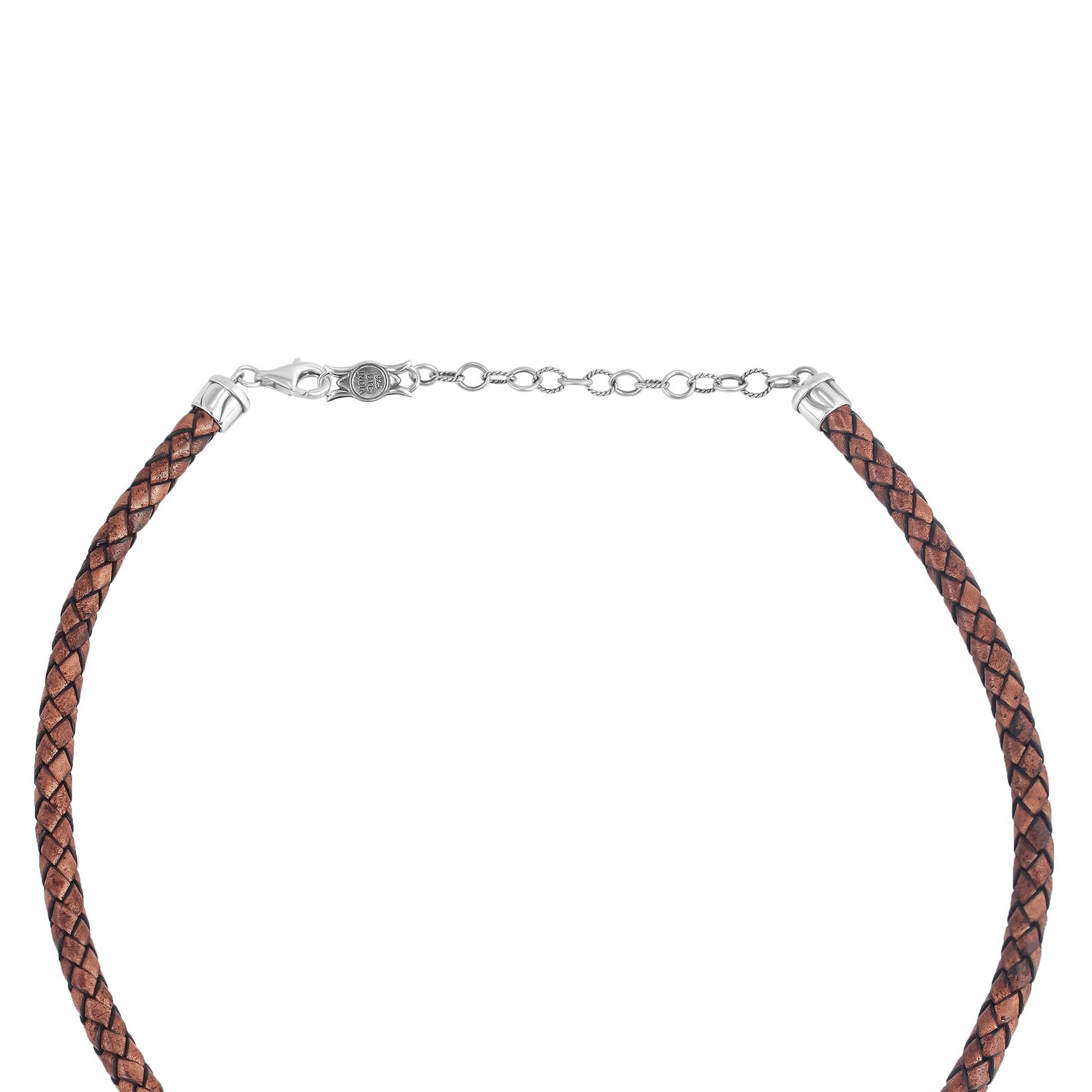 Sterling Silver Orange Spiny Oyster Antique Red-Brown Braided Leather Necklace, 17 to 20 Inches