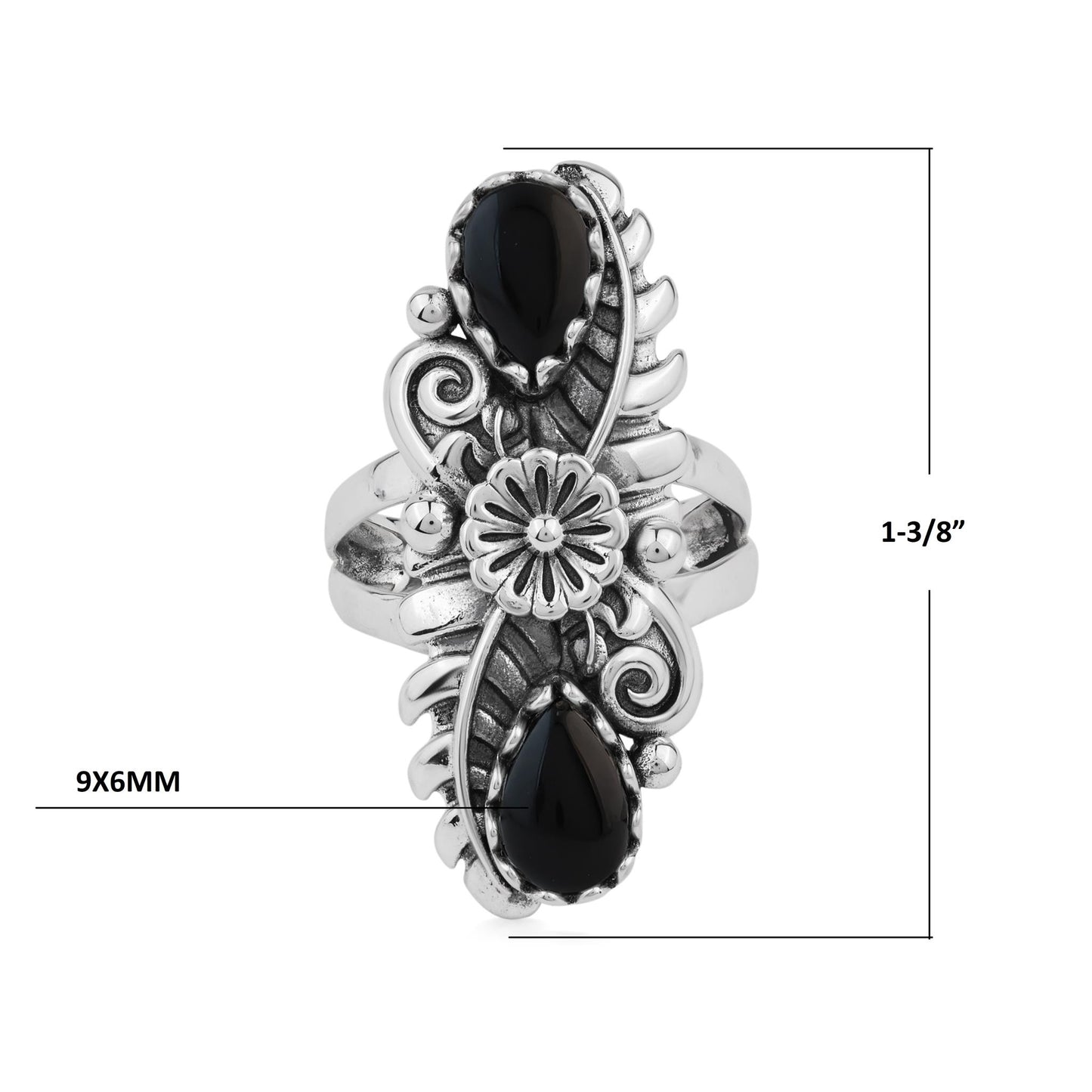  Sterling Silver Black Onyx Pear-Cut Leaf and Flower Ring 