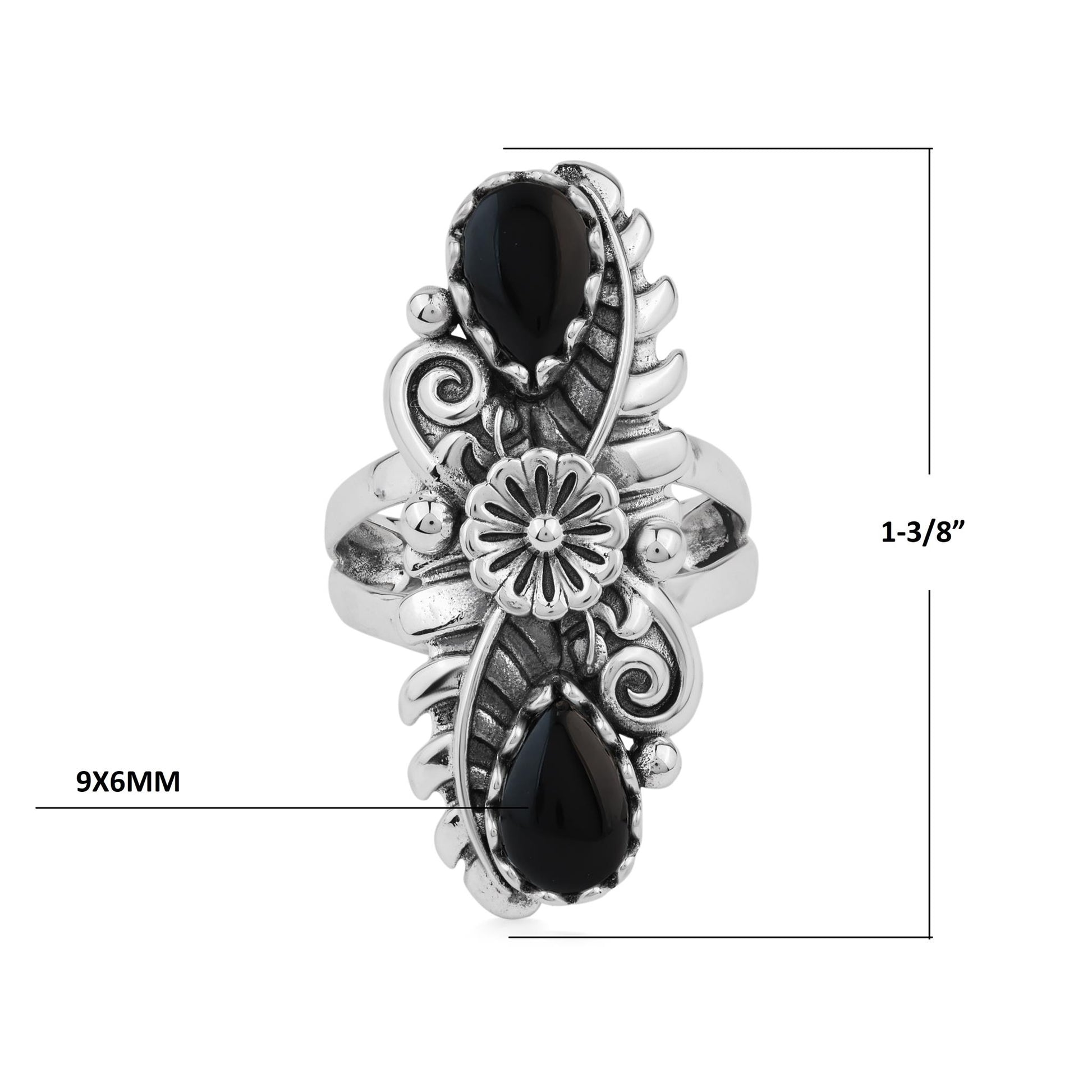  Sterling Silver Black Onyx Pear-Cut Leaf and Flower Ring 