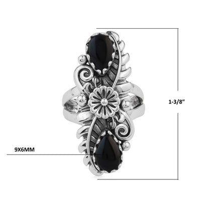  Sterling Silver Black Onyx Pear-Cut Leaf and Flower Ring 
