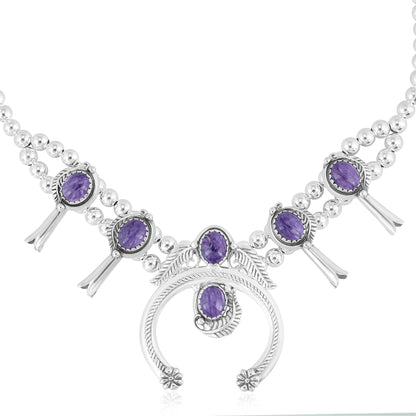 EXCLUSIVELY OURS! Sterling Silver Charoite Squash Blossom Necklace 17 to 20 Inches