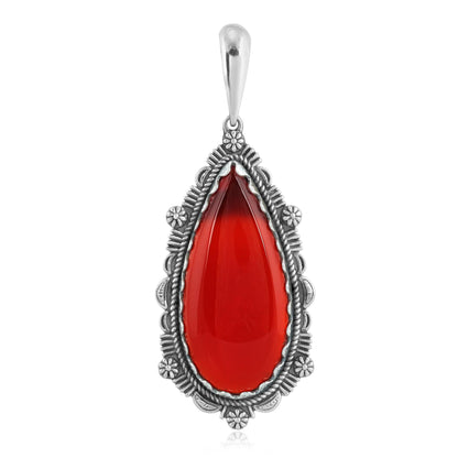 Sterling Silver Red Onyx Gemstone Teardrop Bordered Design Pendant Enhancer