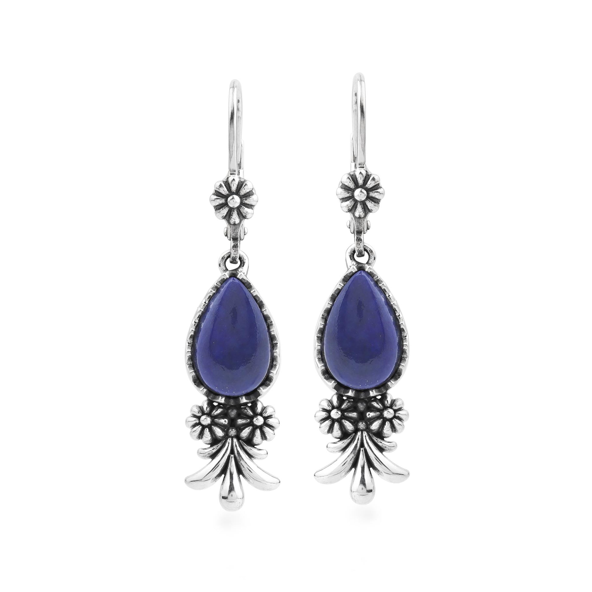 Sterling Silver Lapis Teardrop Concha Squash Blossom Dangle Earrings