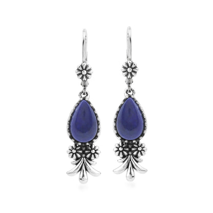 Sterling Silver Lapis Teardrop Concha Squash Blossom Dangle Earrings