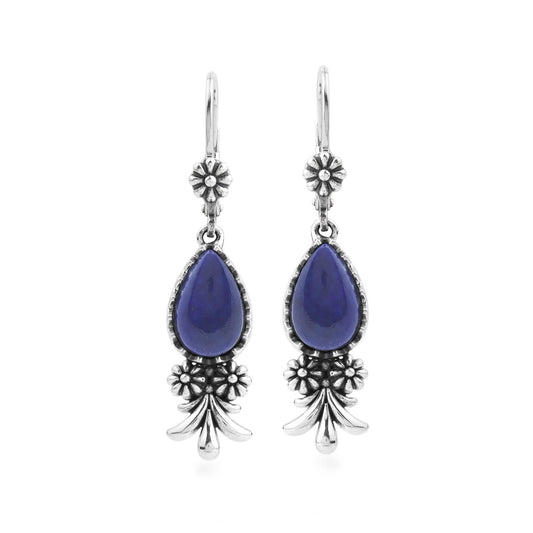 Sterling Silver Lapis Teardrop Concha Squash Blossom Dangle Earrings