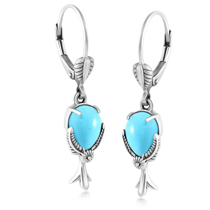 Sterling Silver Kingman Turquoise Pear Squash Blossom Dangle Earrings