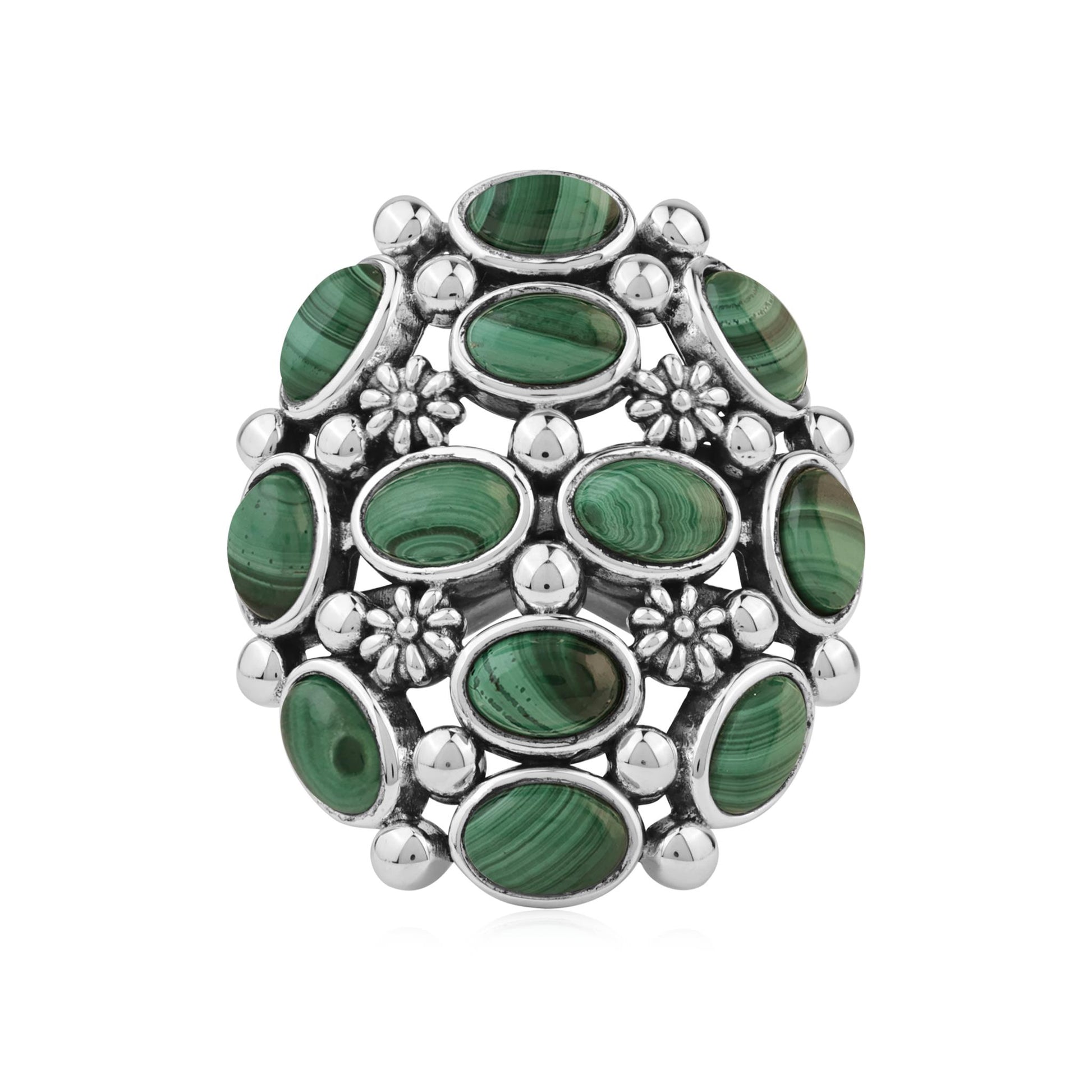  Sterling Silver Malachite Oval 12-Stone Cluster Ring