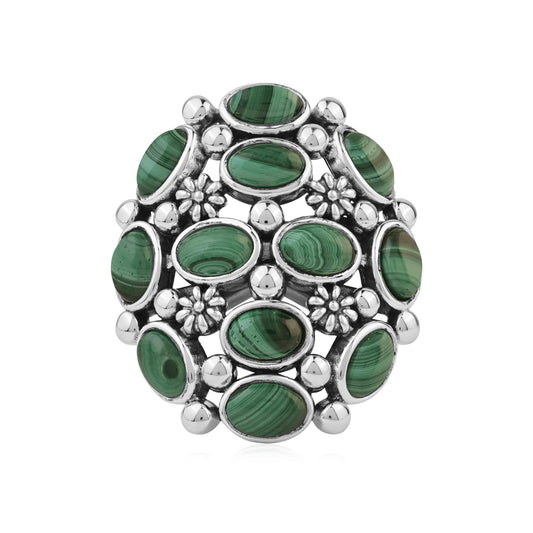  Sterling Silver Malachite Oval 12-Stone Cluster Ring