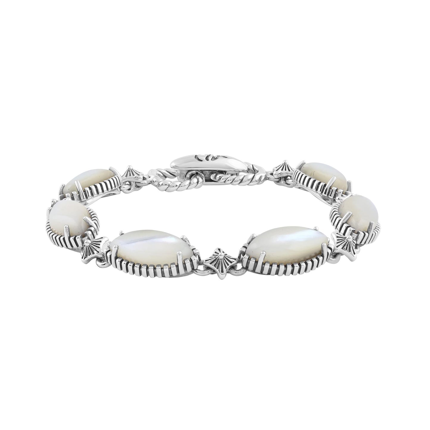  Sterling Silver White Mother of Pearl Marquise Cut Link Bracelet