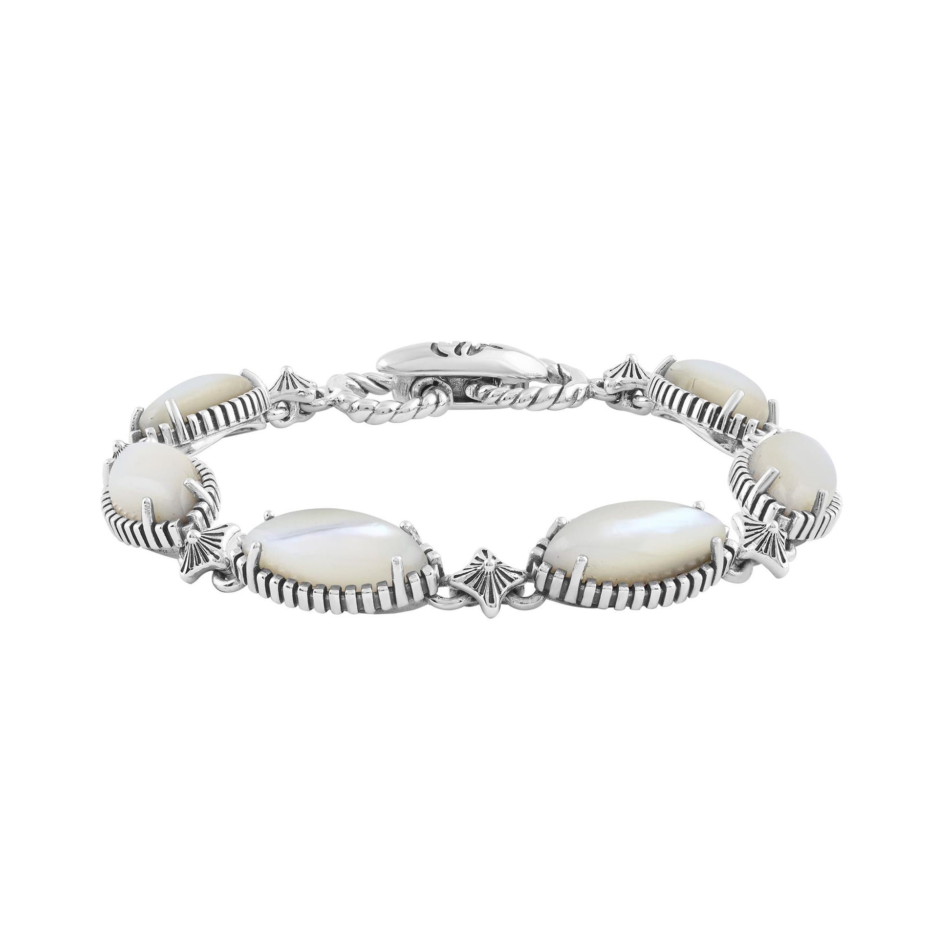  Sterling Silver White Mother of Pearl Marquise Cut Link Bracelet