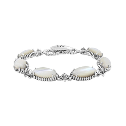  Sterling Silver White Mother of Pearl Marquise Cut Link Bracelet