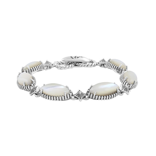  Sterling Silver White Mother of Pearl Marquise Cut Link Bracelet