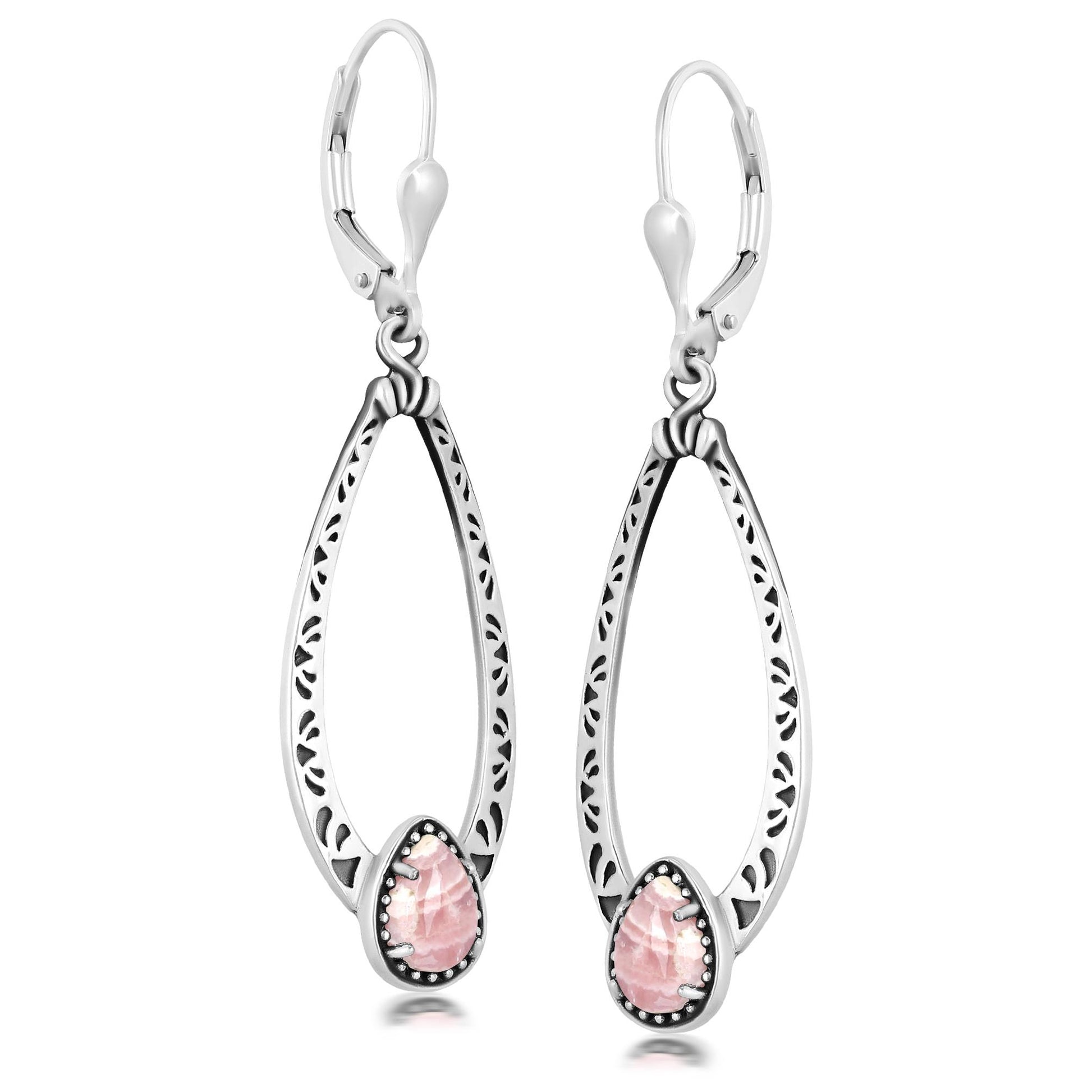 Sterling Silver Rhodochrosite Pear-Cut Long Oval Lever Back Dangle Earrings