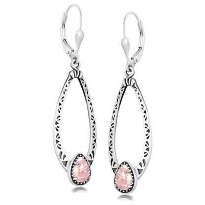 Sterling Silver Rhodochrosite Pear-Cut Long Oval Lever Back Dangle Earrings