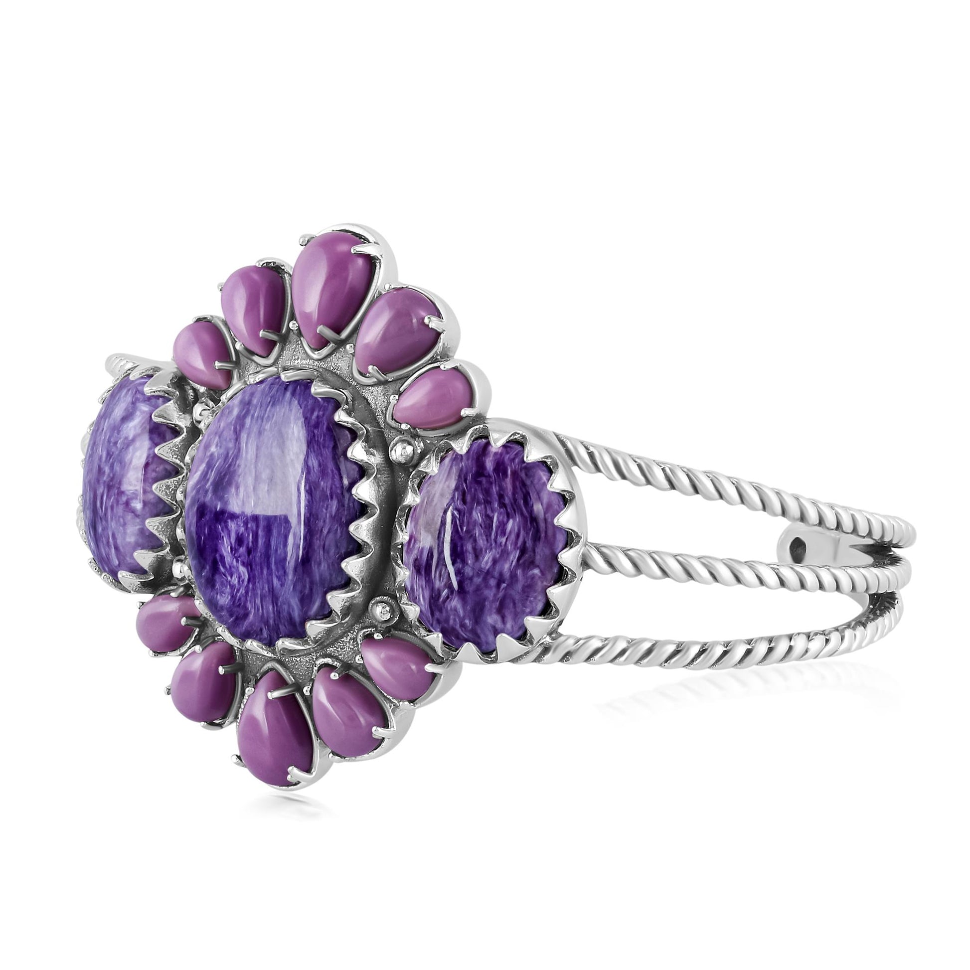 EXCLUSIVELY OURS! Sterling Silver Oval Charoite and Pear Phosphosiderite Cuff Bracelet