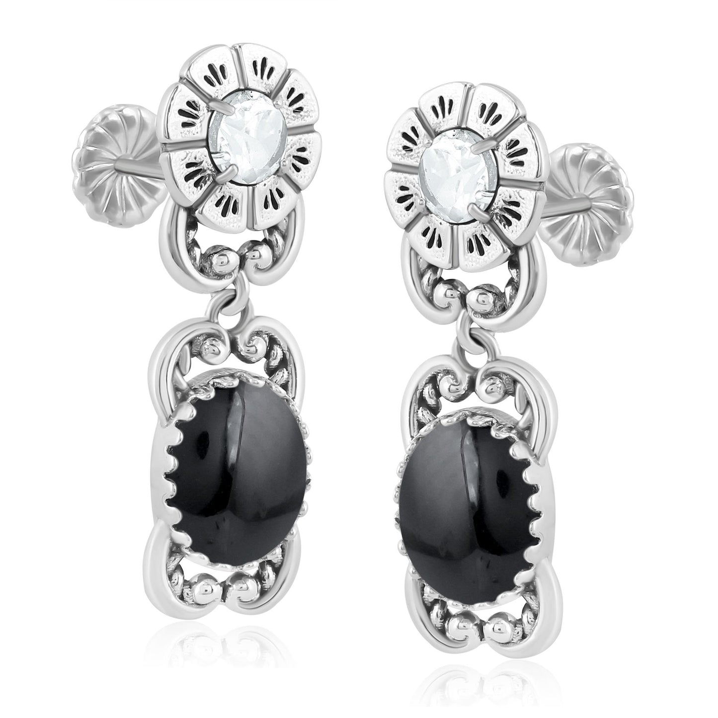 Sterling Silver Black Agate White Topaz Desert Bloom Dangle Earrings