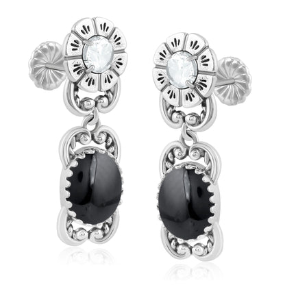 Sterling Silver Black Agate White Topaz Desert Bloom Dangle Earrings