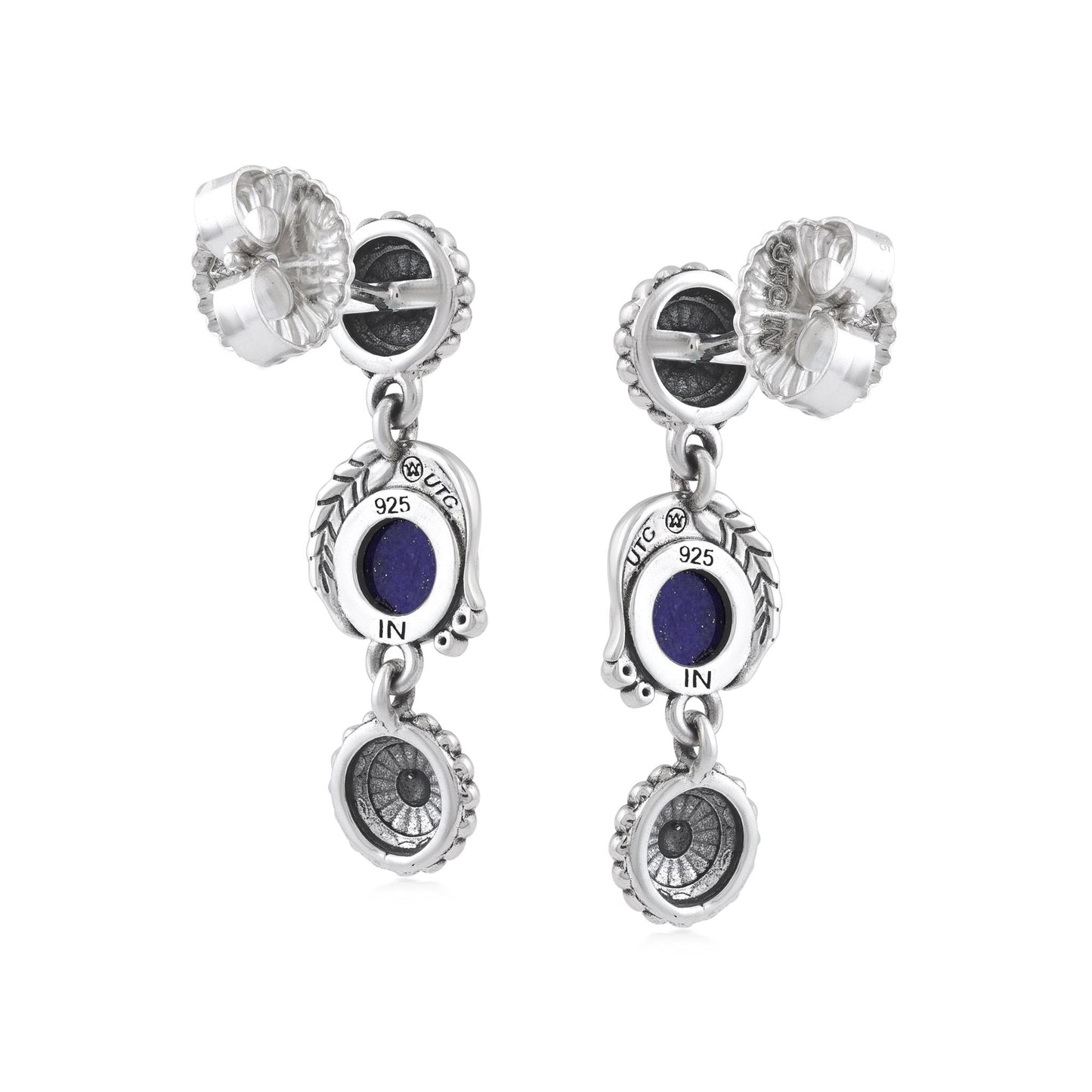 Sterling Silver Lapis Leaf and Flower Dangle Earrings