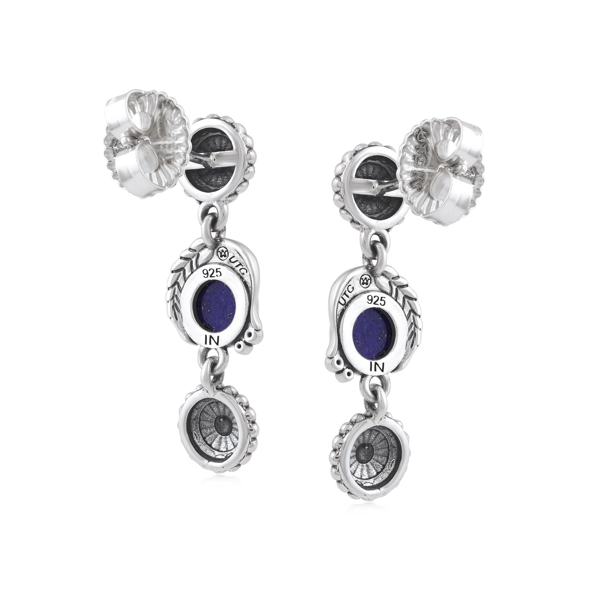 Sterling Silver Lapis Leaf and Flower Dangle Earrings