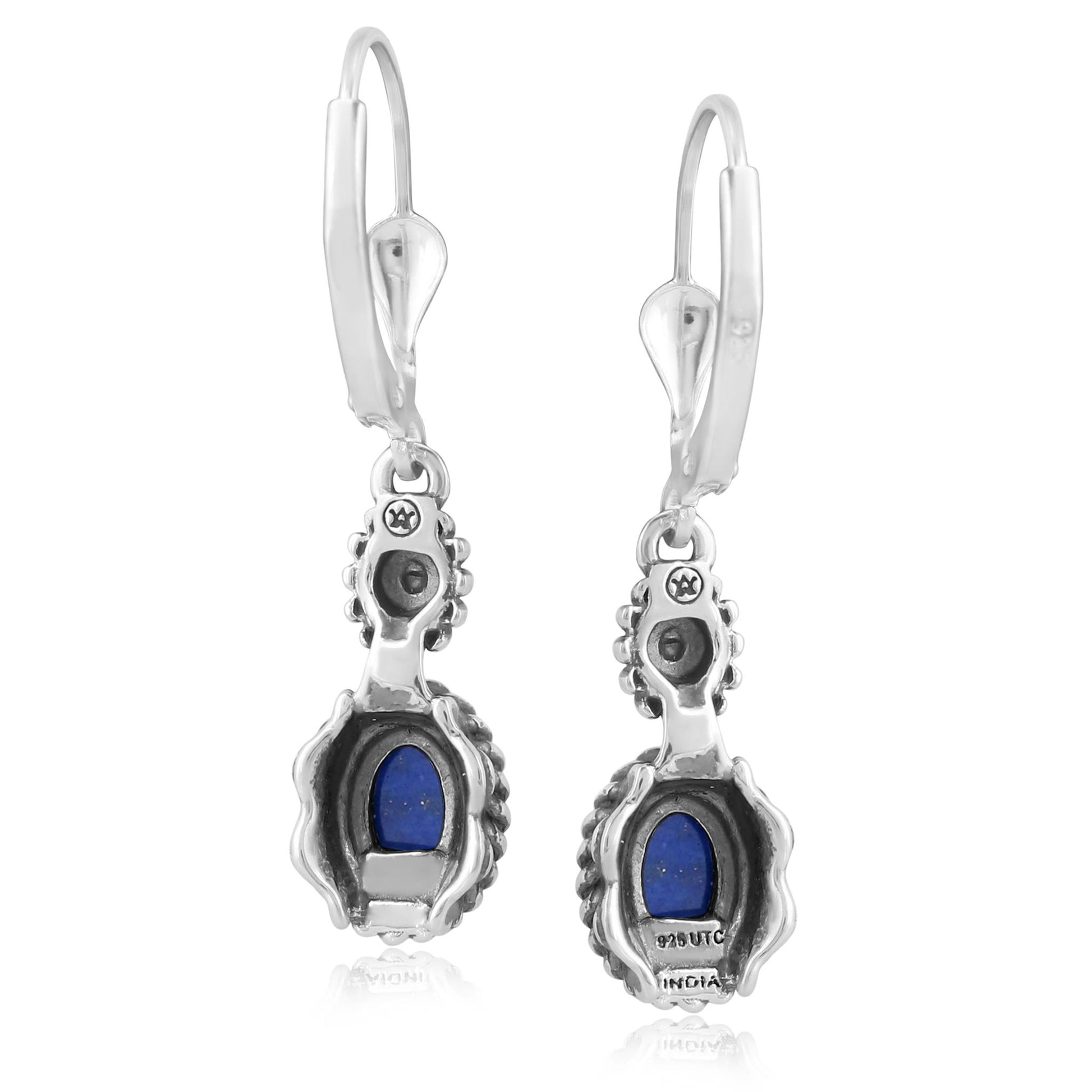 Sterling Silver Lapis Gemstone Floral and Rope Design Dangle Earrings