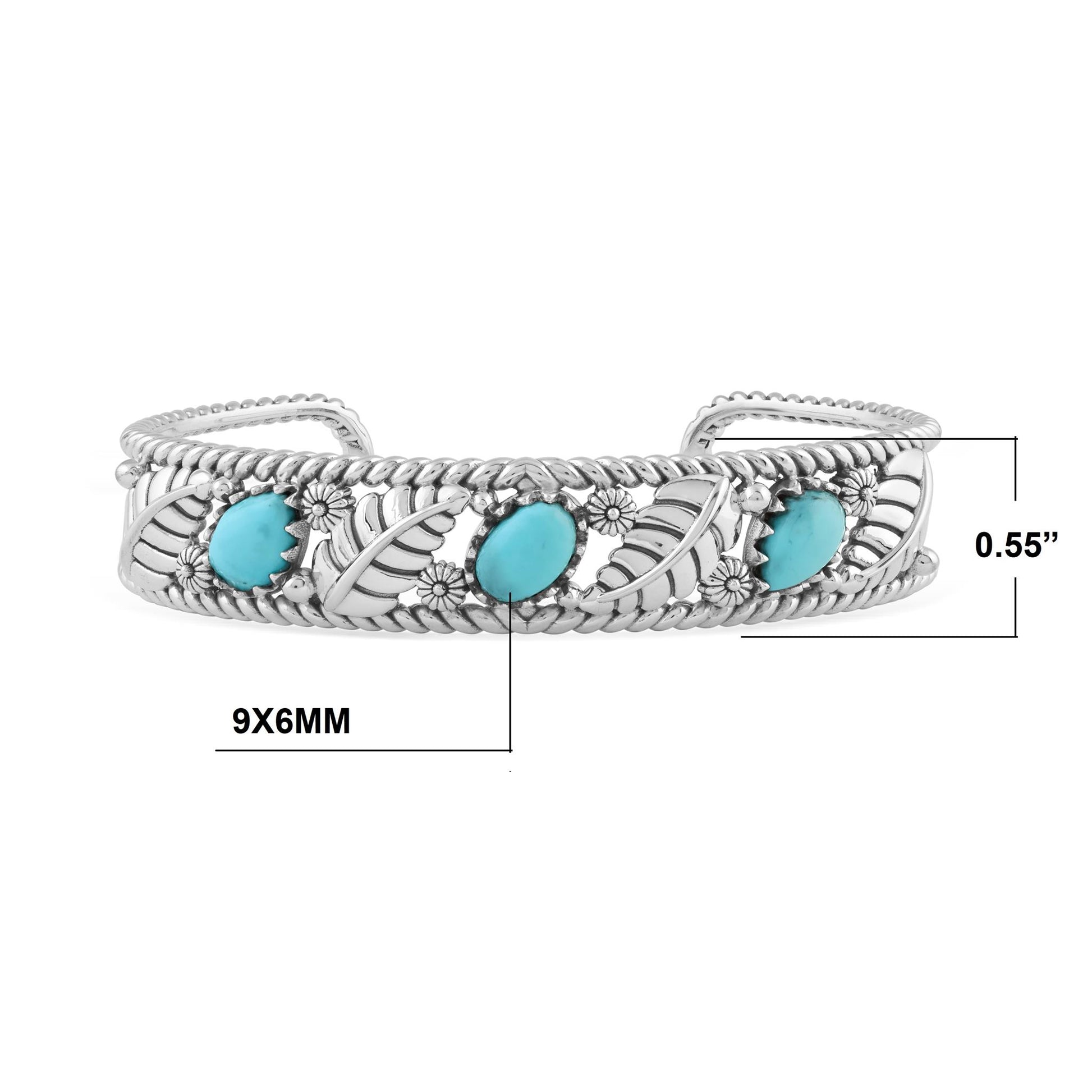  Sterling Silver Sleeping Beauty Turquoise Oval and Pear Leaf Cuff Bracelet