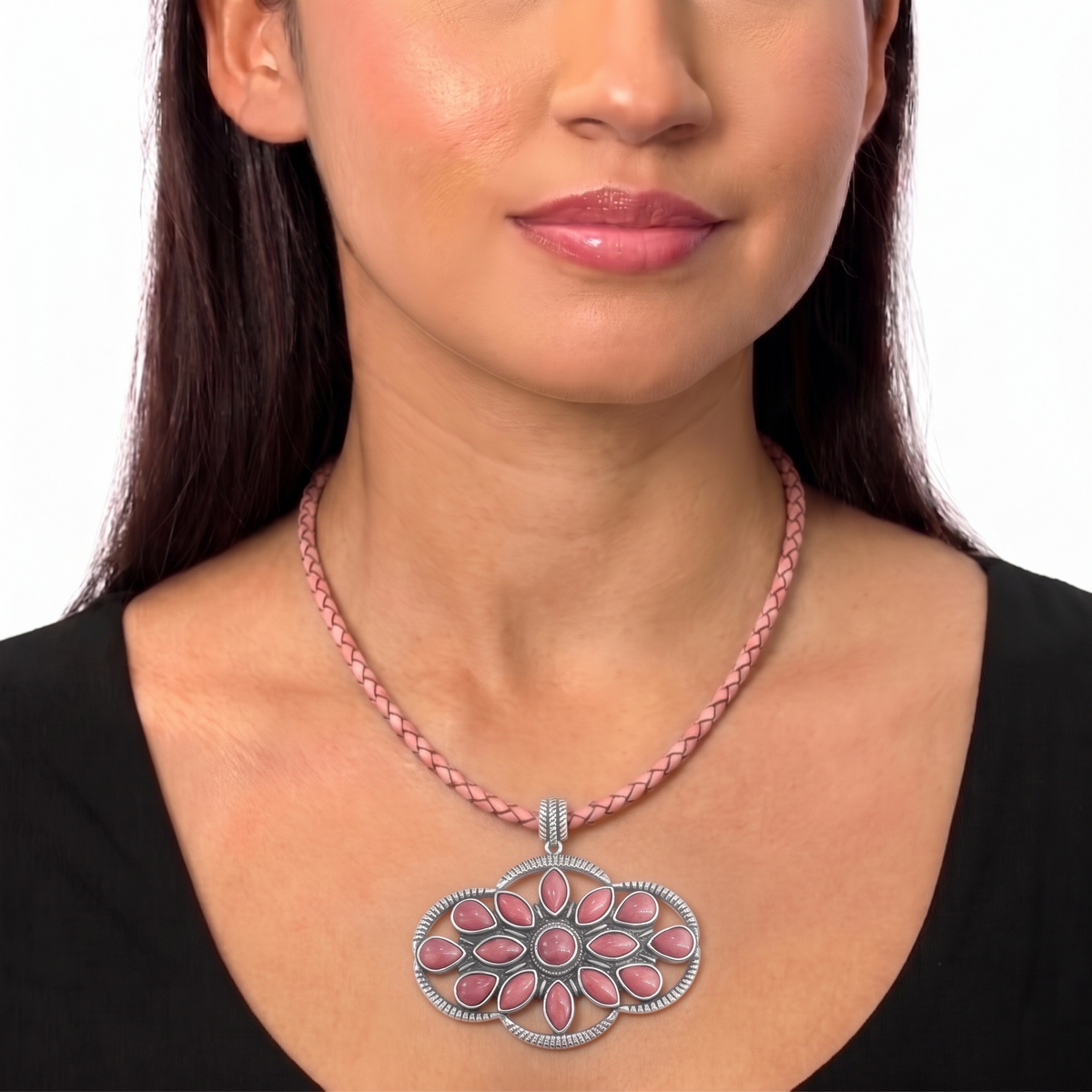 Sterling Silver Rhodonite Pink Leather Cluster Necklace, 17 to 20 Inches