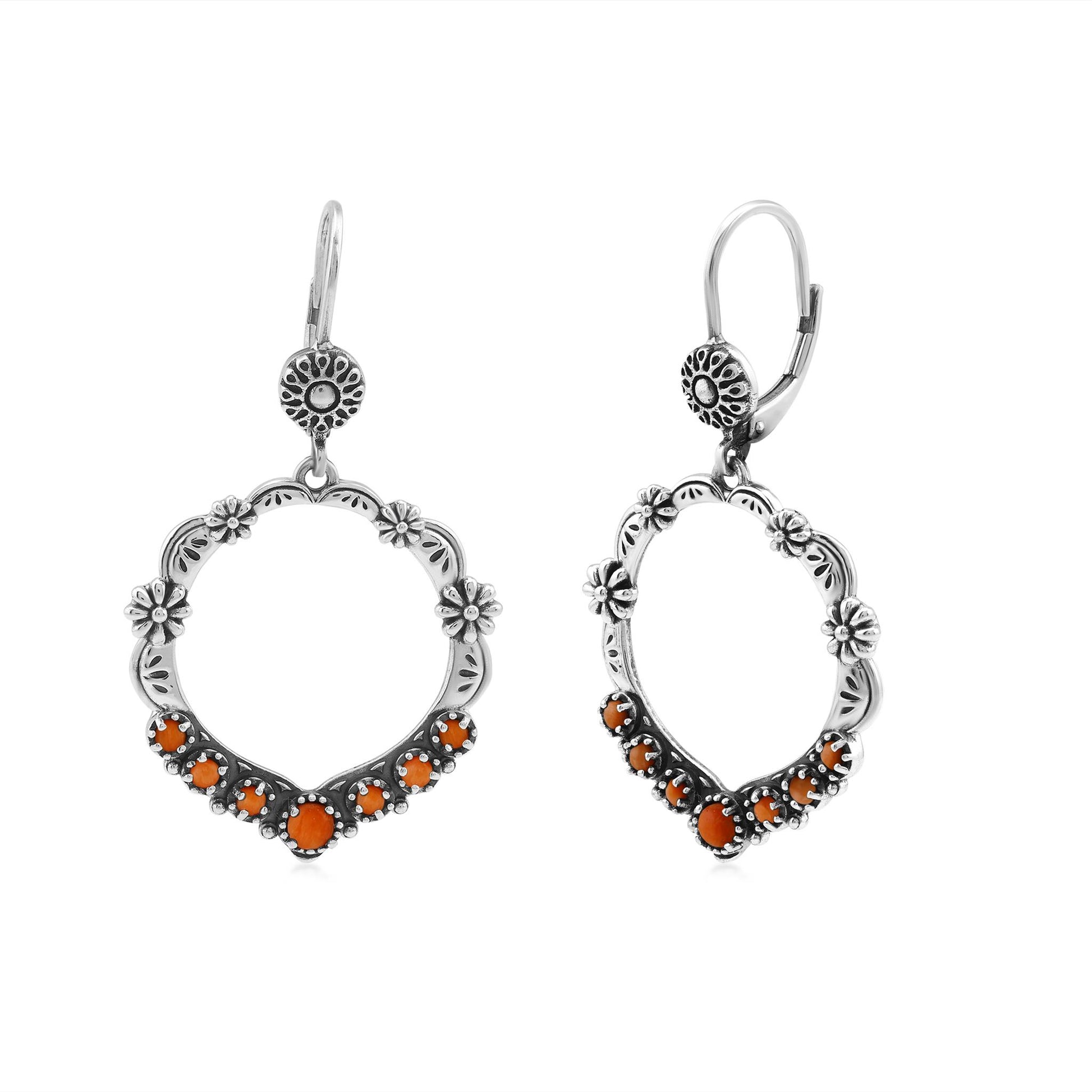 Sterling Silver Orange Spiny Oyster Open Hoop Concha Lever Back Earrings