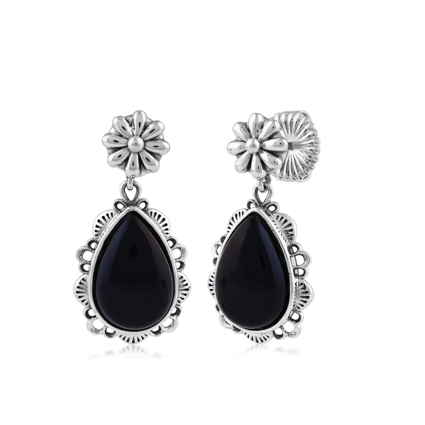  Sterling Silver Black Onyx Pear-Cut Concha Dangle Earrings