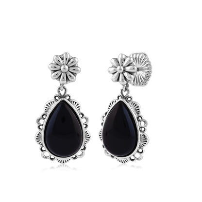  Sterling Silver Black Onyx Pear-Cut Concha Dangle Earrings