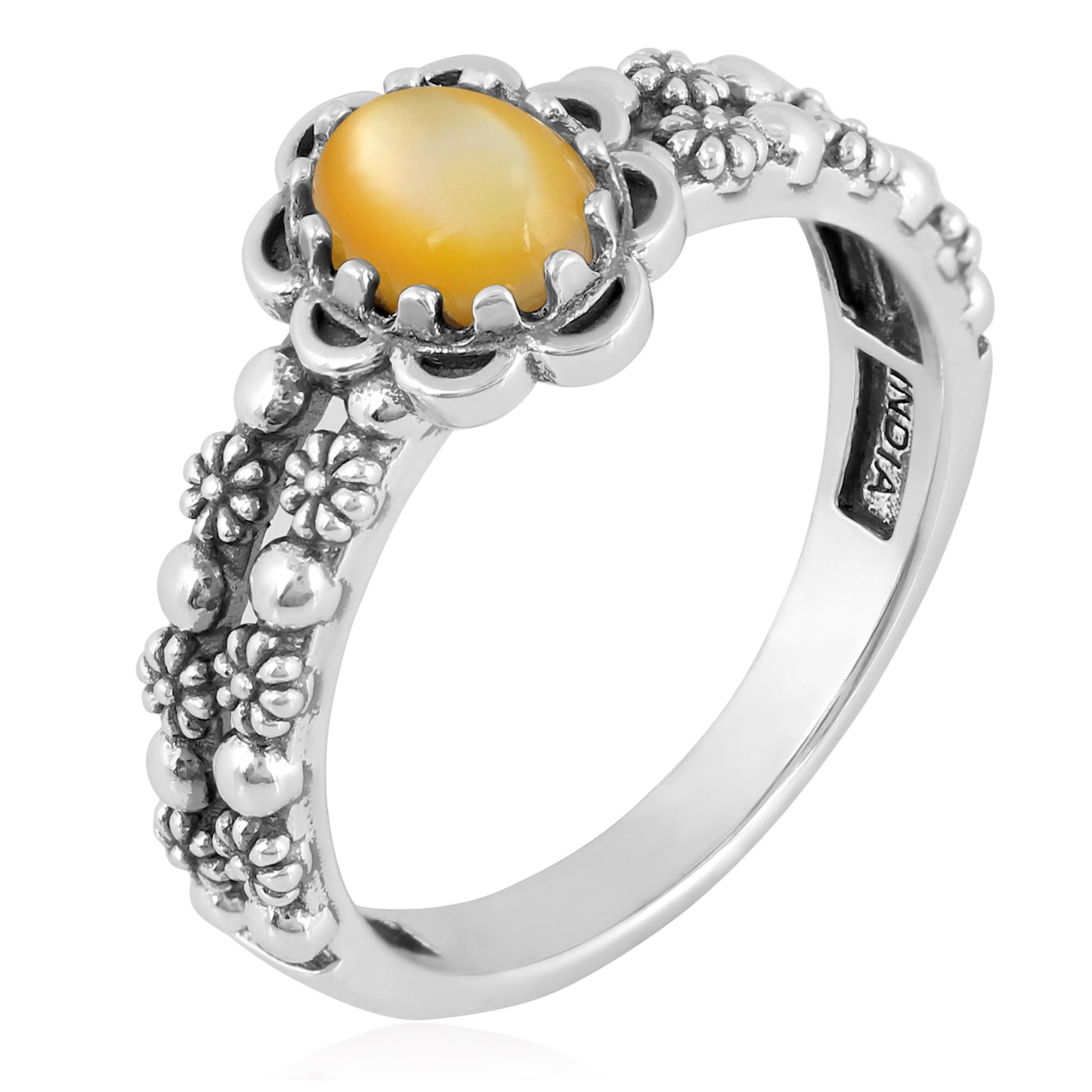 Sterling Silver Yellow Mother of Pearl Double Row Concha Flower Ring