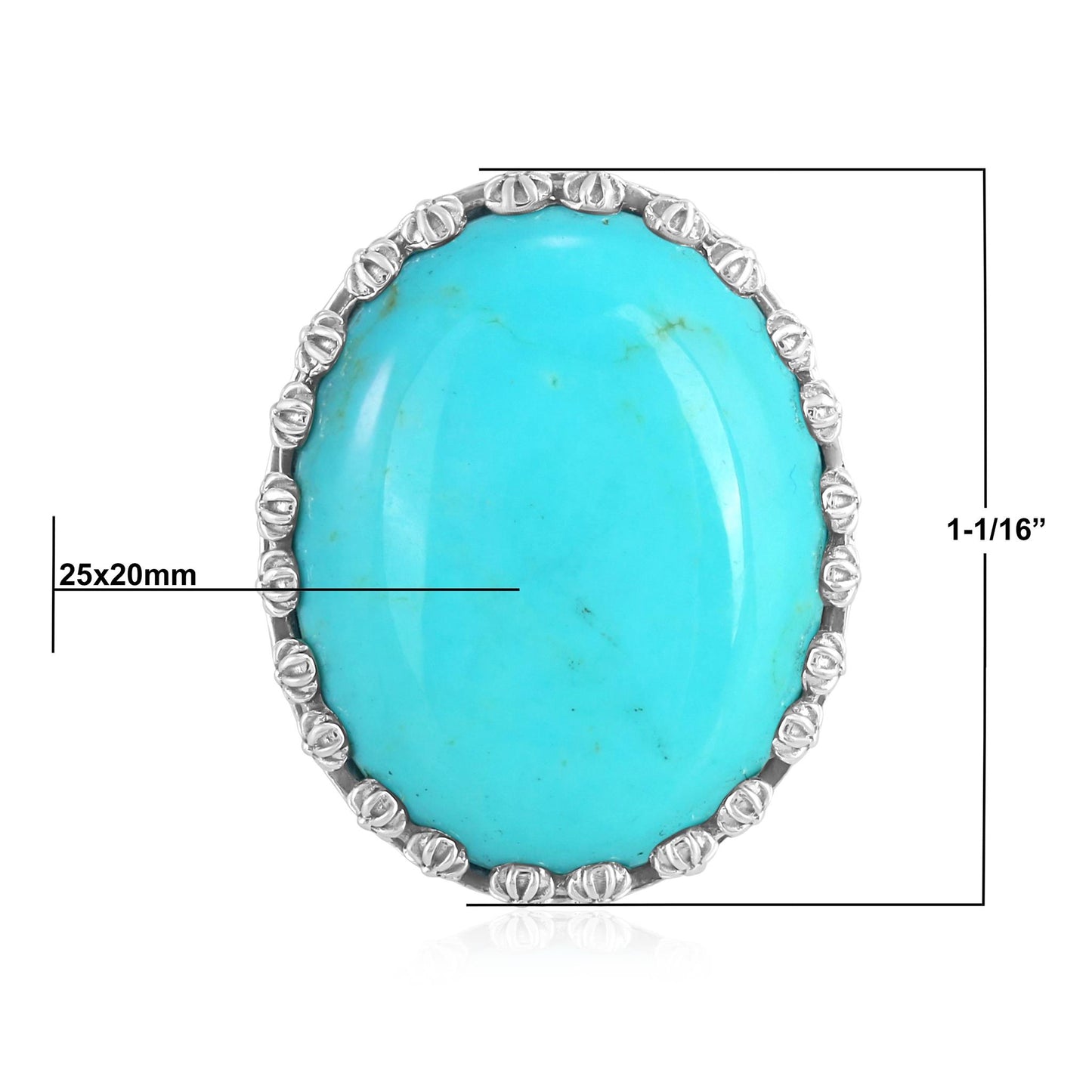 Sterling Silver Kingman Turquoise Concha Flower Border Oval Cut Ring, Sizes 5 to 10