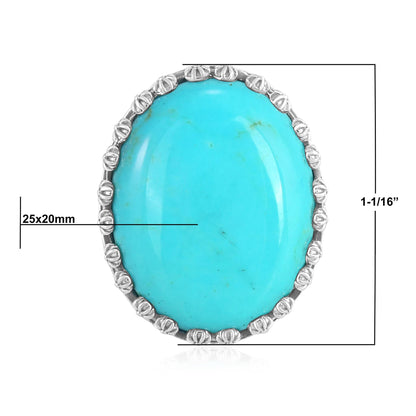 Sterling Silver Kingman Turquoise Concha Flower Border Oval Cut Ring, Sizes 5 to 10