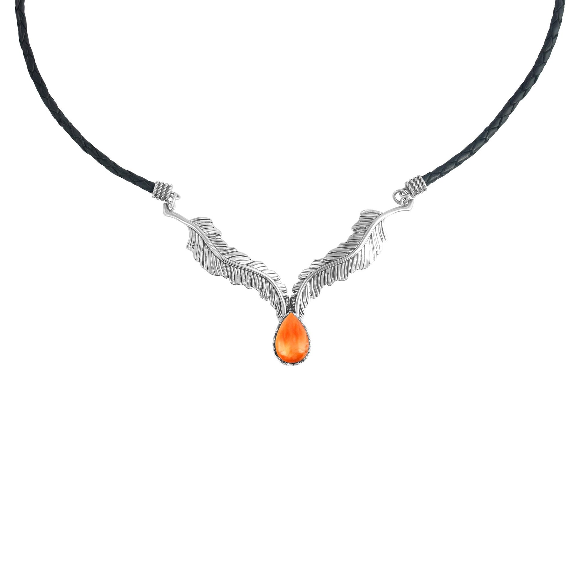 Sterling Silver Orange Spiny Oyster Black Leather Feather Design Necklace